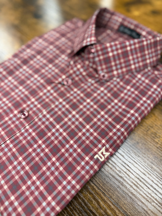 Burgundy & Tan Plaid Button Down