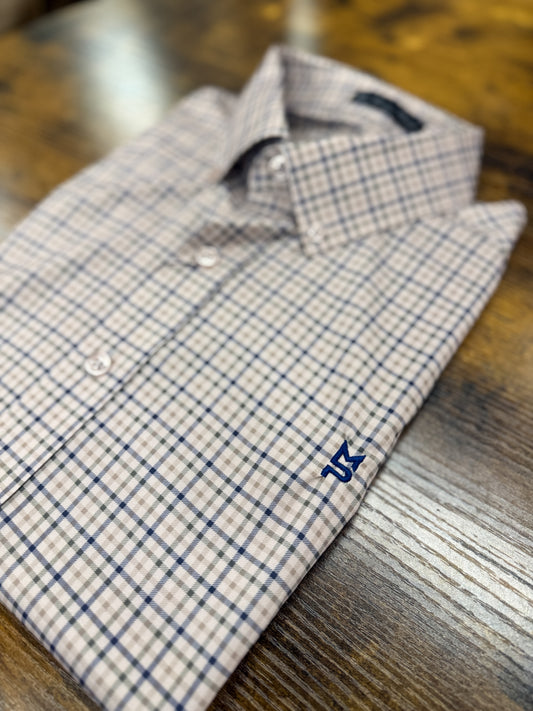 Beige & Navy Plaid Button Down