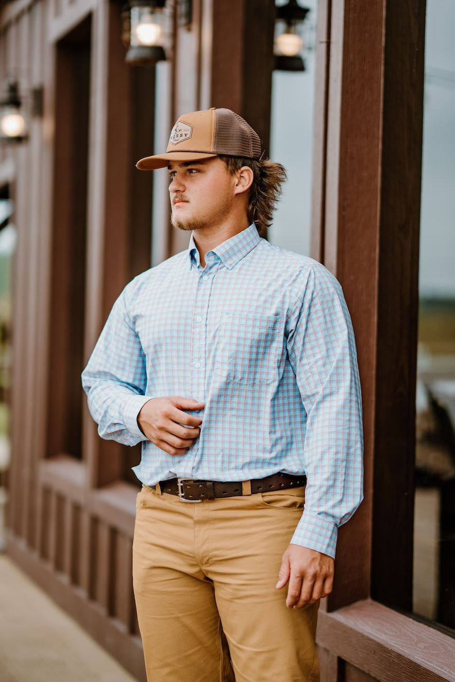Light Blue/Mint/Coral Plaid Button Down