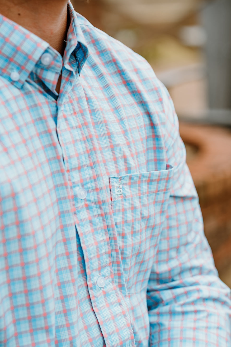 Light Blue/Mint/Coral Plaid Button Down