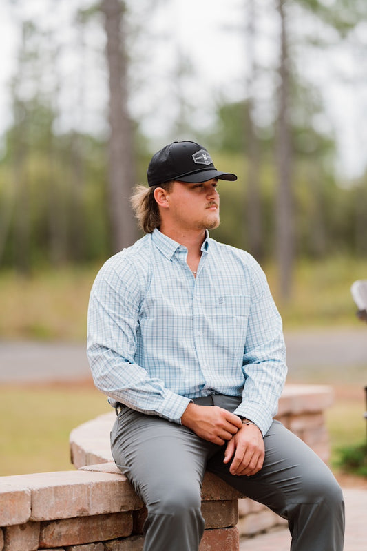 Slate Blue/White Plaid Button Down