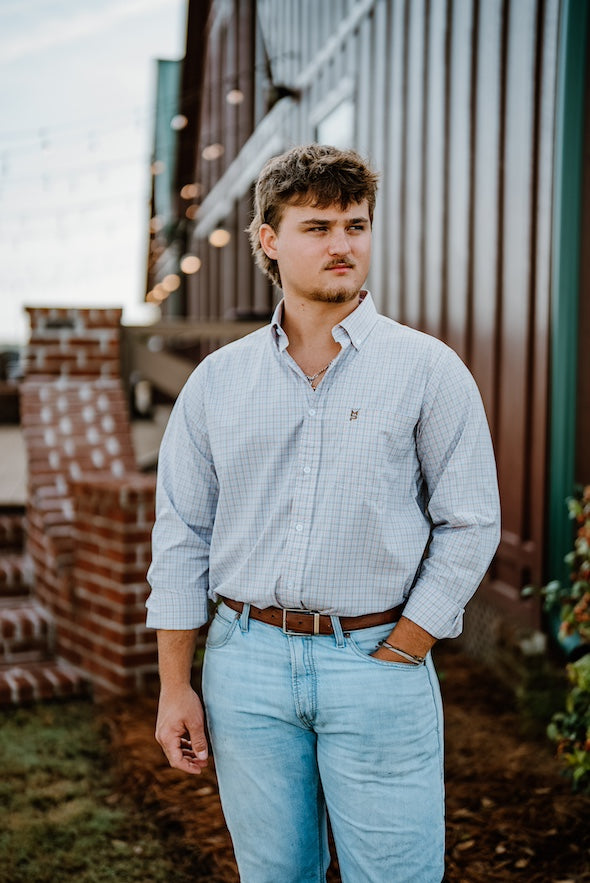 Pink/Brown/Blue Plaid Button Down
