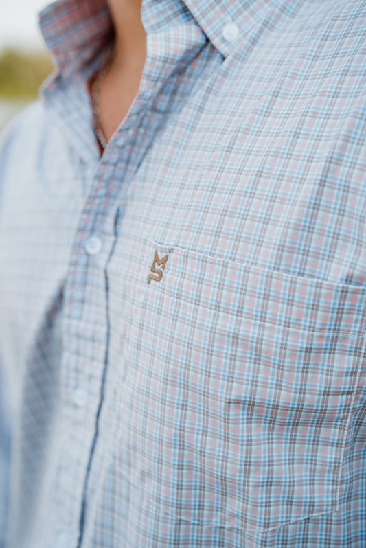 Pink/Brown/Blue Plaid Button Down