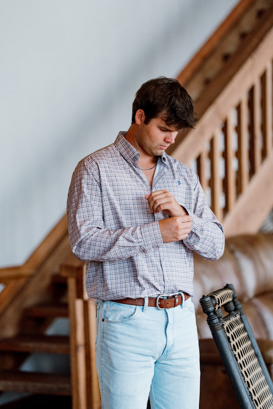 Beige & Navy Plaid Button Down