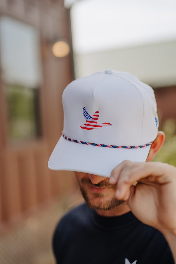 American Flag Duck White Rope Trucker Hat