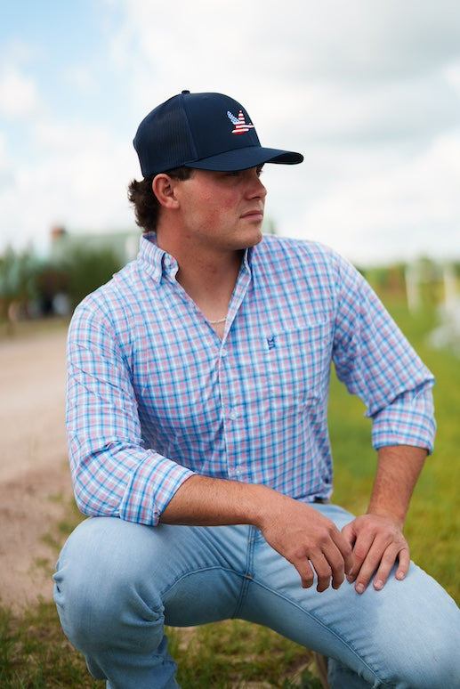 Blue/White/Salmon Plaid Button Down