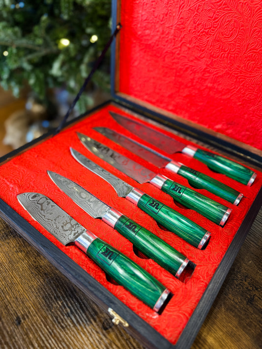 Damascus Knife Set in Wooden Box