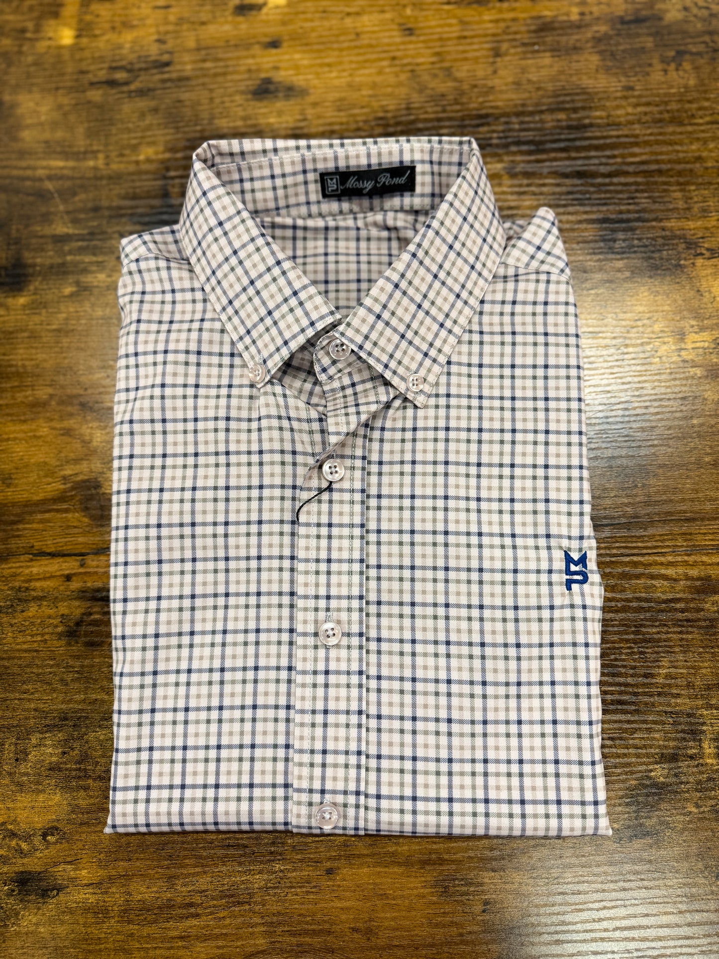 Beige & Navy Plaid Button Down