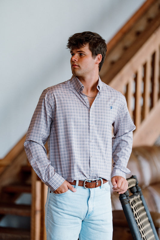 Beige & Navy Plaid Button Down