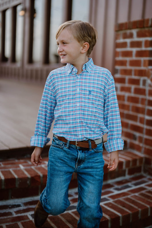 Blue/White/Salmon Plaid Youth Button Down