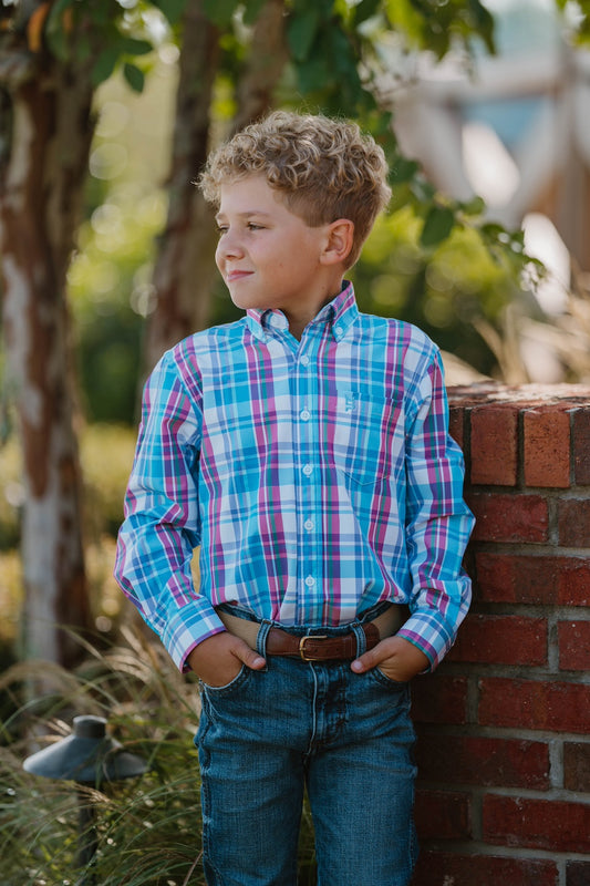 Sky Blue/White/Pink Plaid Youth Button Down