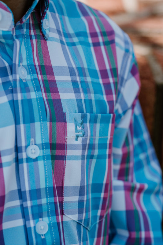 Sky Blue/White/Pink Plaid Youth Button Down