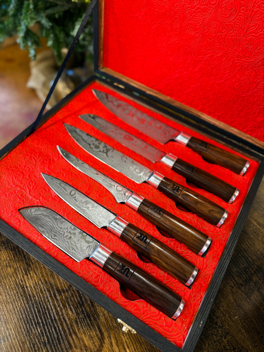 Damascus Knife Set in Wooden Box